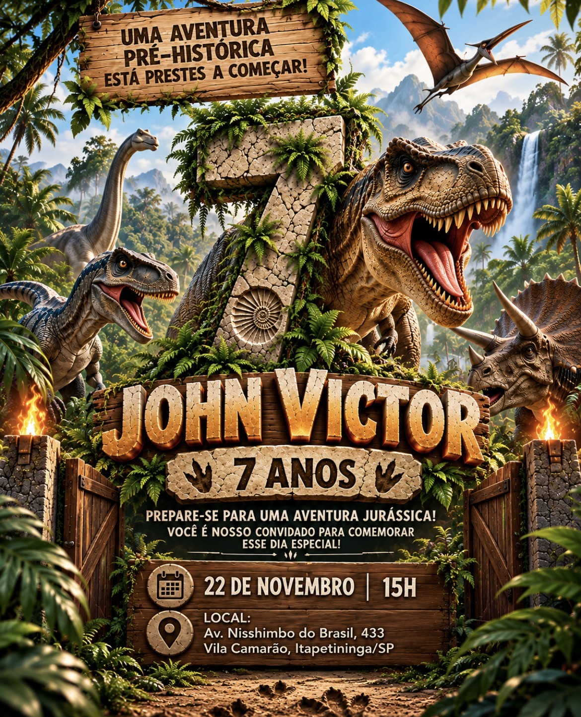 Convite John Victor 7 anos, dia 22 de novembro às 15h, Avenida Nisshimbo do Brasil, 433, Vila Camarão, Itapetininga, SP